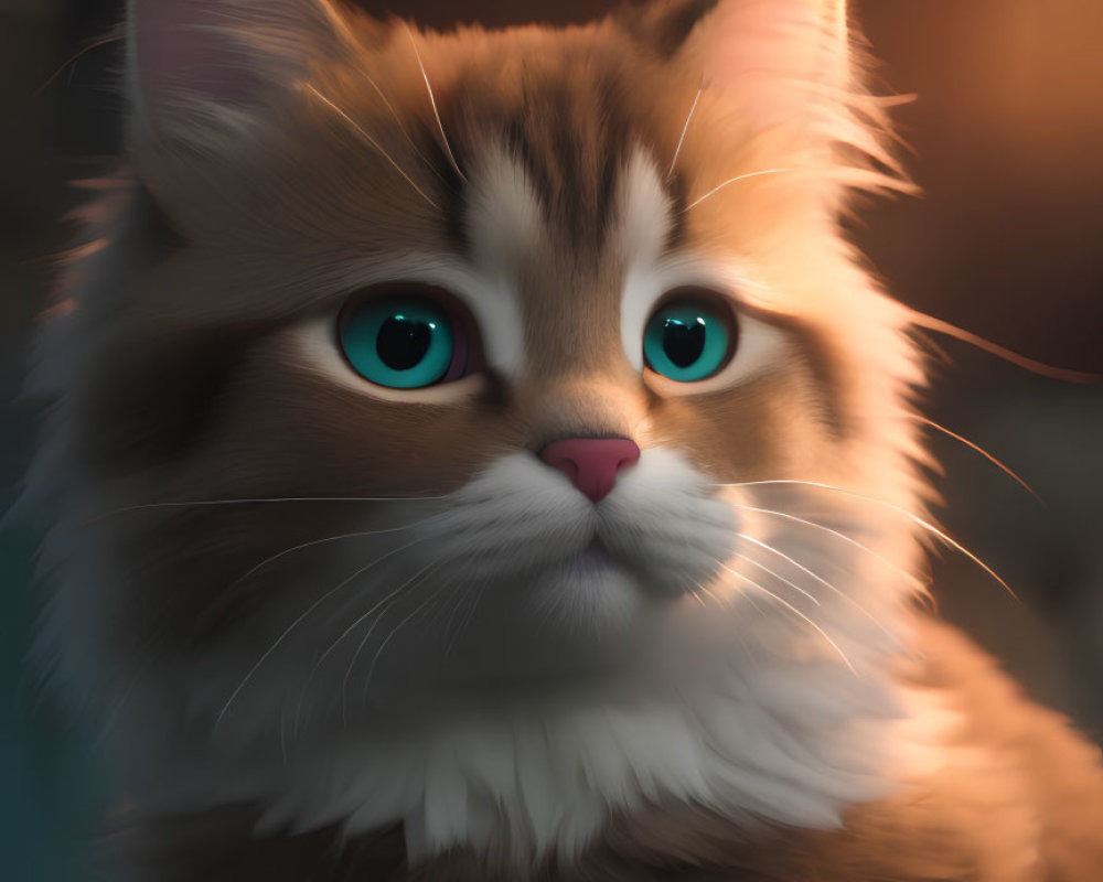 Fluffy cat digital artwork with teal eyes and warm lighting