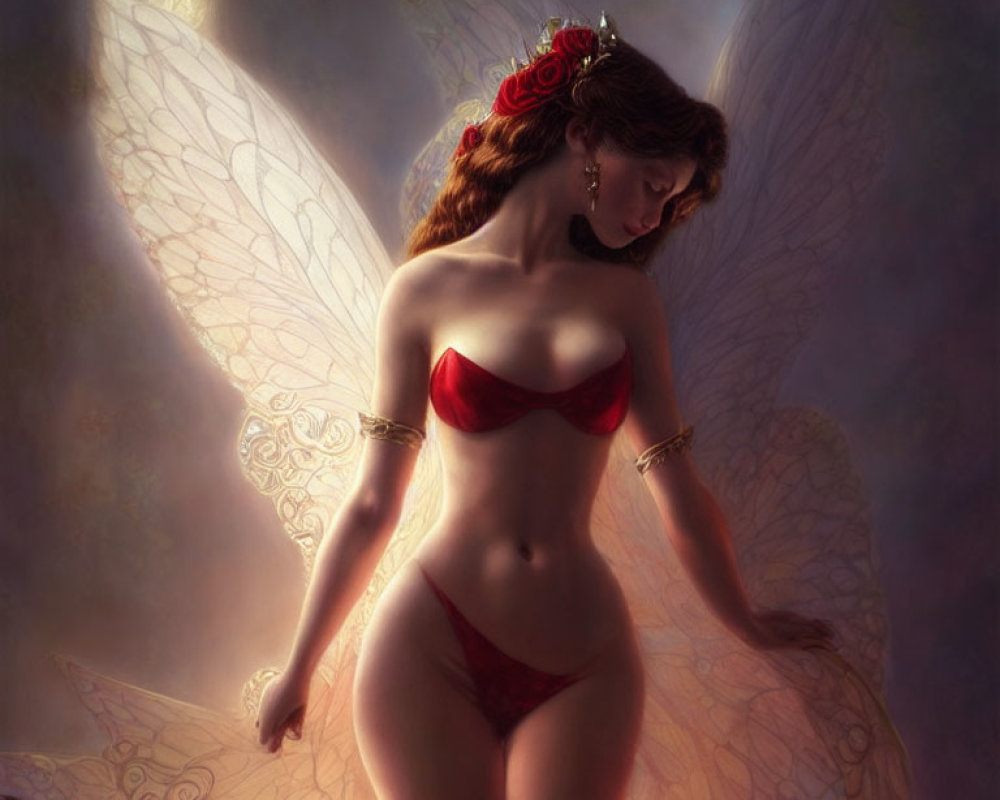 Digital Artwork: Female Figure with Translucent Wings, Red Bikini, Rose Headpiece, Golden