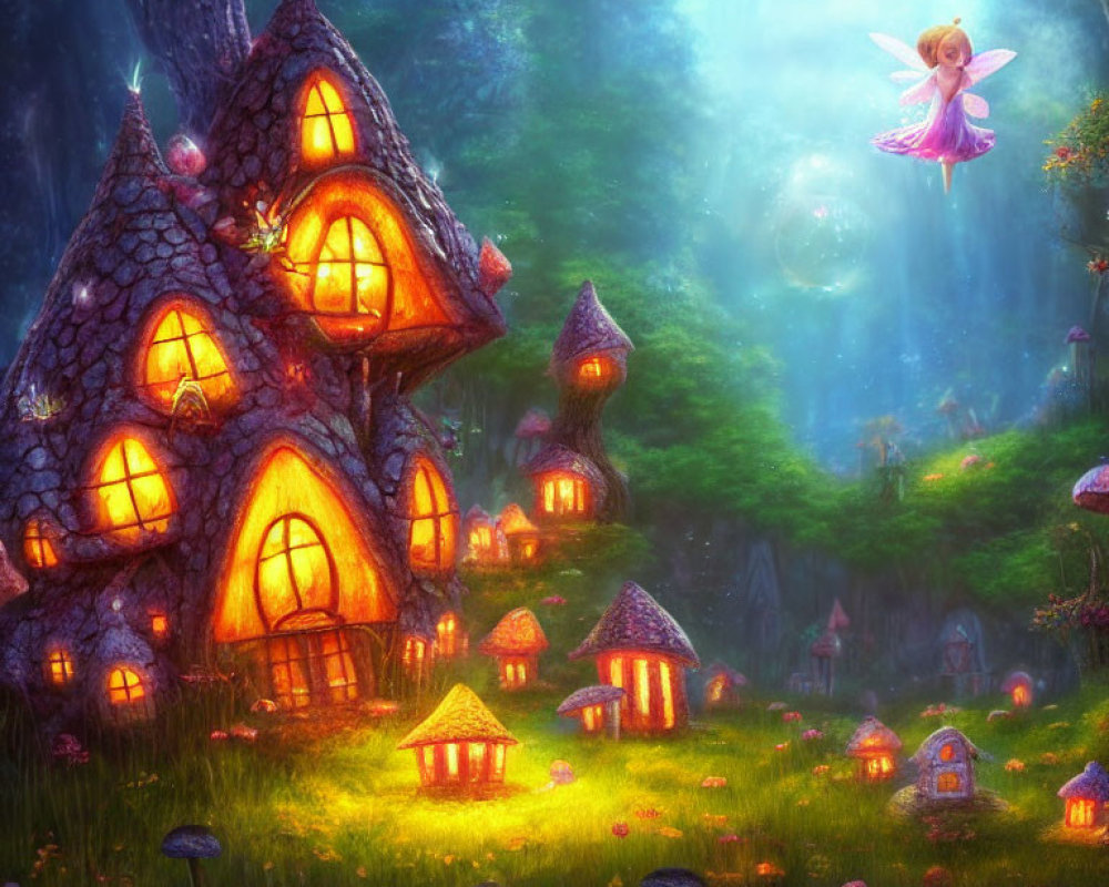 Glowing fairy houses in enchanted forest with magical creatures