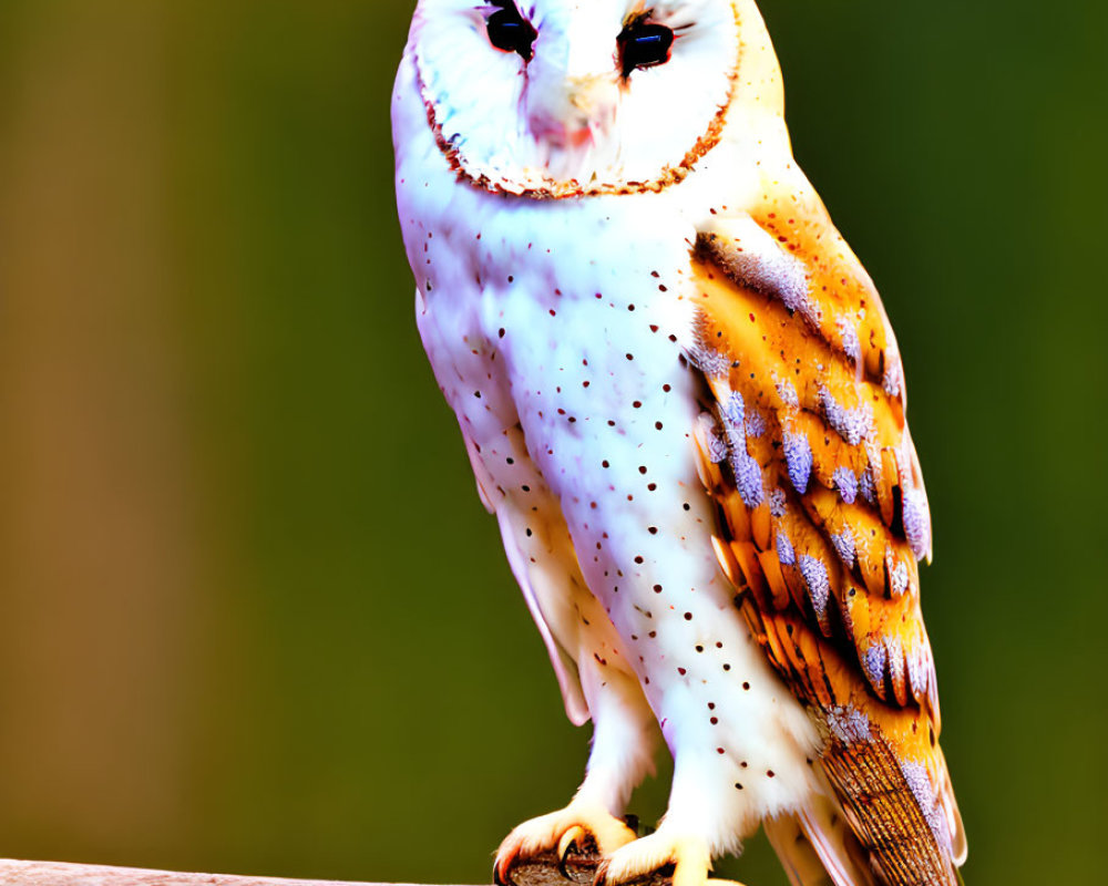 Barn owl perched on wooden beam with heart-shaped face