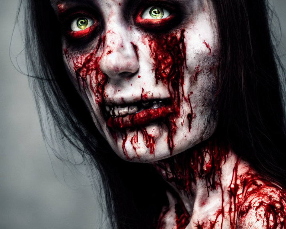 Chilling zombie makeup with blood-stained face and red eyes