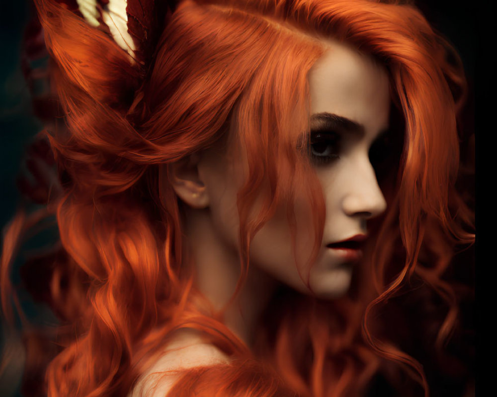 Fiery red-haired woman with butterfly on dark background