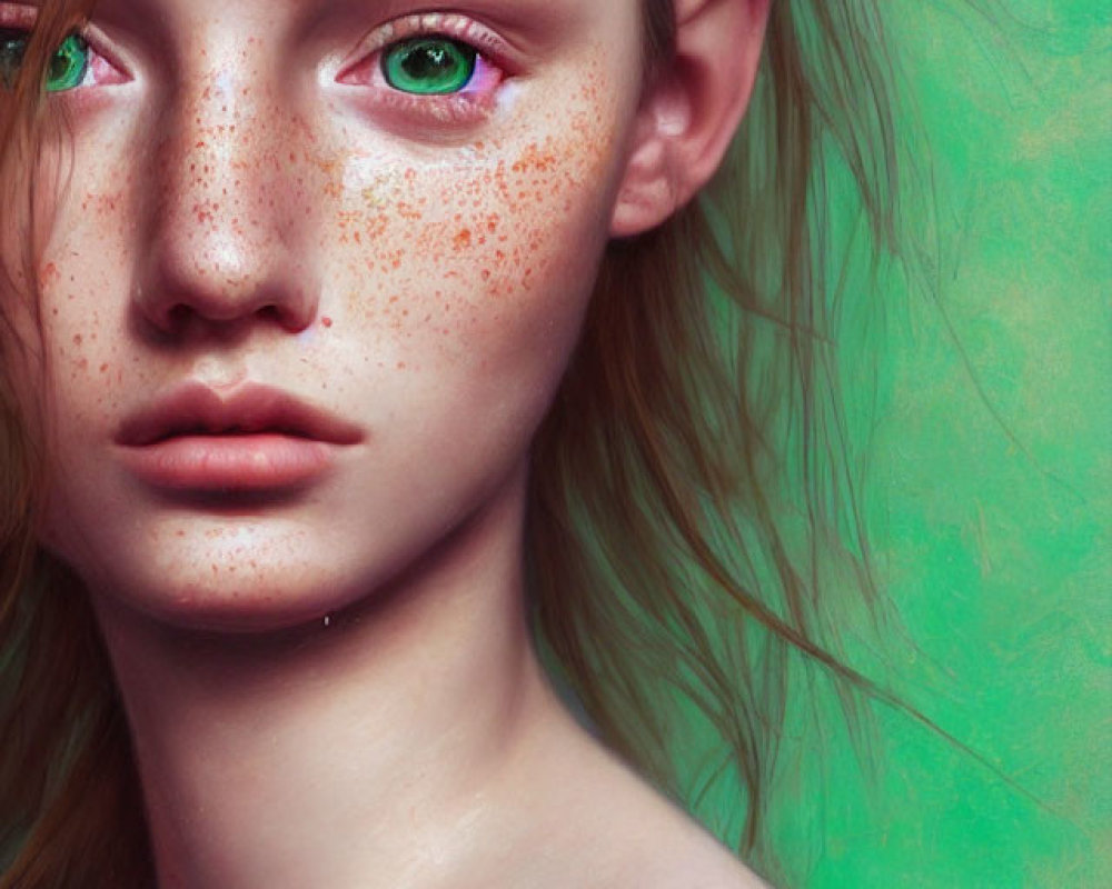 Portrait of Young Woman with Freckles, Red Hair, Green Eyes, and Green Background