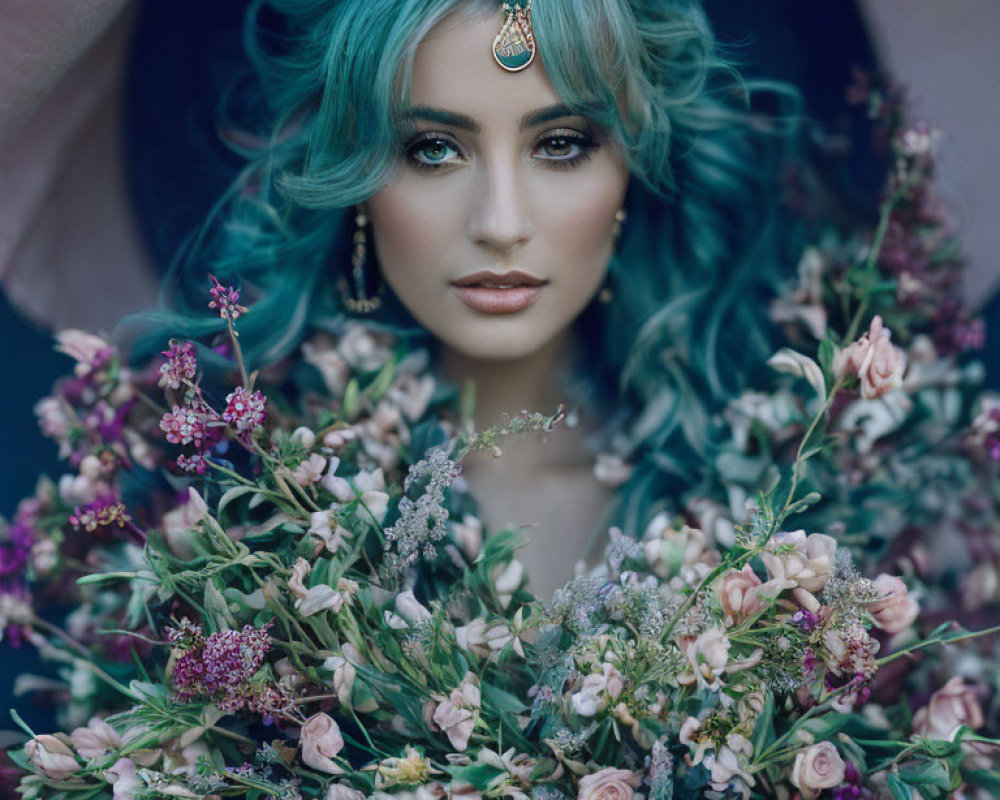 Teal-Haired Woman with Ornate Headpiece Surrounded by Multicolored Flowers