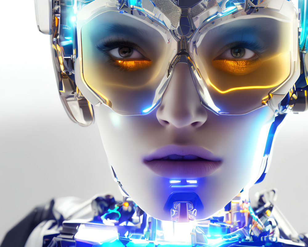 Detailed Female Humanoid Robot Head Design with Glowing Orange Eyes