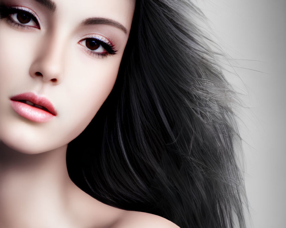 Dramatic makeup portrait of woman with flowing dark hair