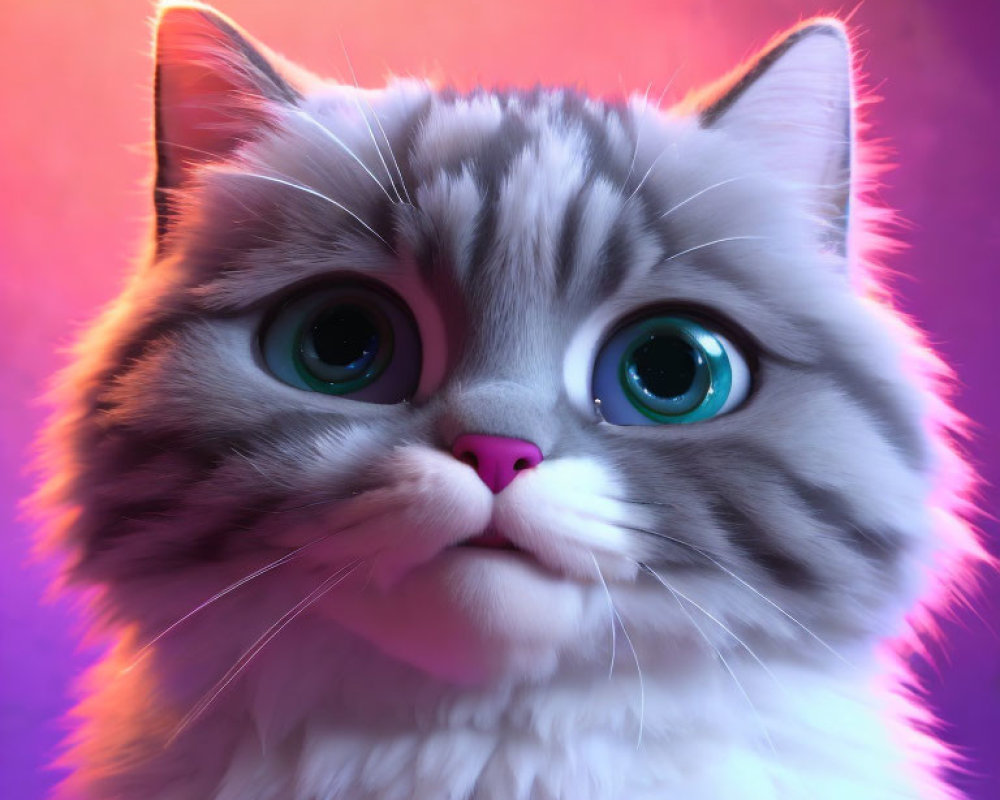 Fluffy cat with green eyes on vibrant gradient background