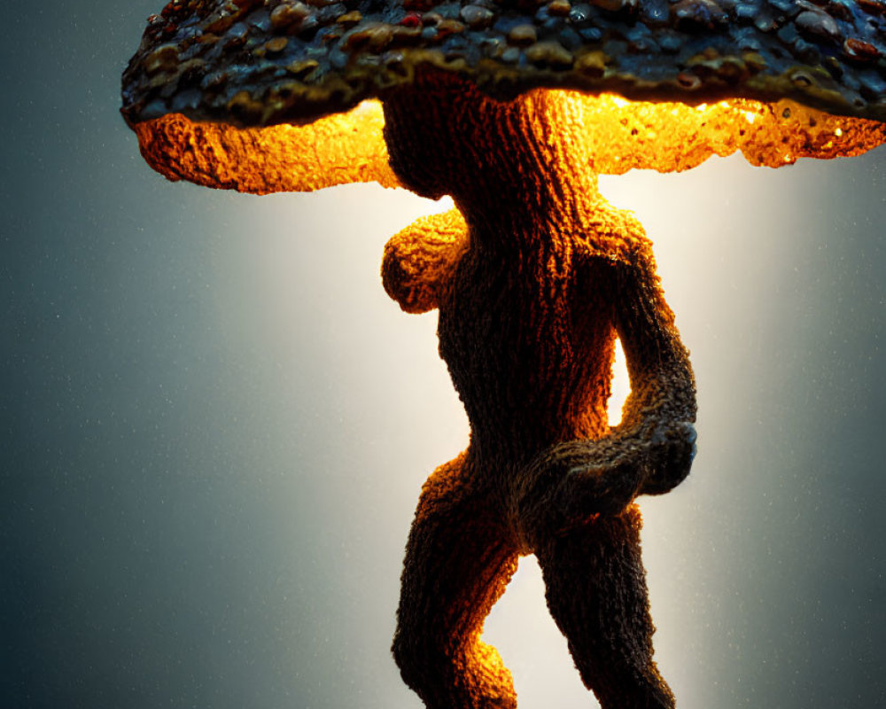 Textured figure under illuminated mushroom cap with dramatic shadow