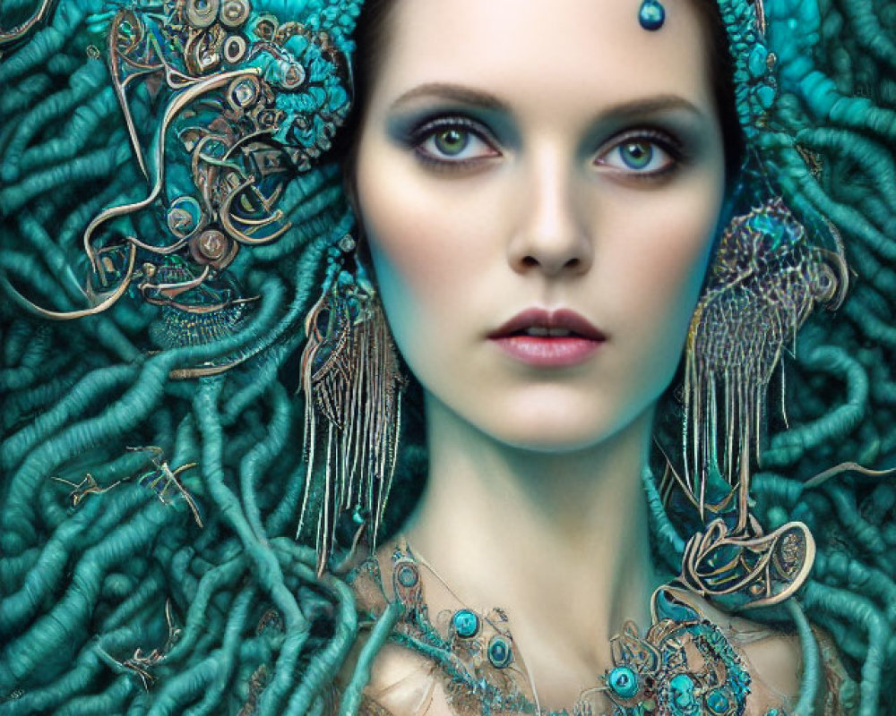 Woman in teal jewelry and headdress with matching makeup and turquoise shawl on starry backdrop