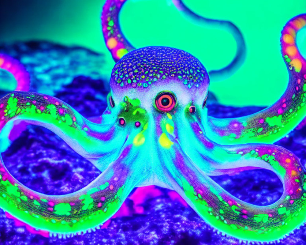 Vibrant neon octopus on textured purple surface