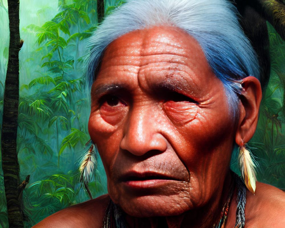 Elderly person with blue-dyed hair in tribal attire in lush jungle