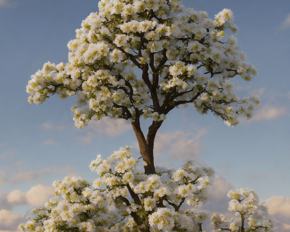 White Blossom Tree in Lush Green Landscape Under Blue Sky