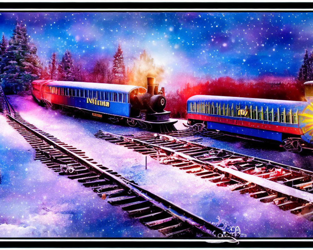 Colorful vintage steam train illustration in snowy night landscape