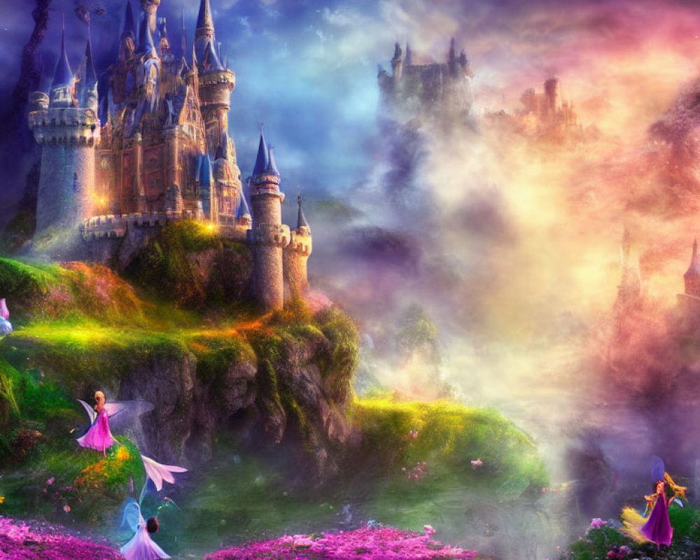 Majestic castle in vibrant fantasy landscape surrounded by fairies