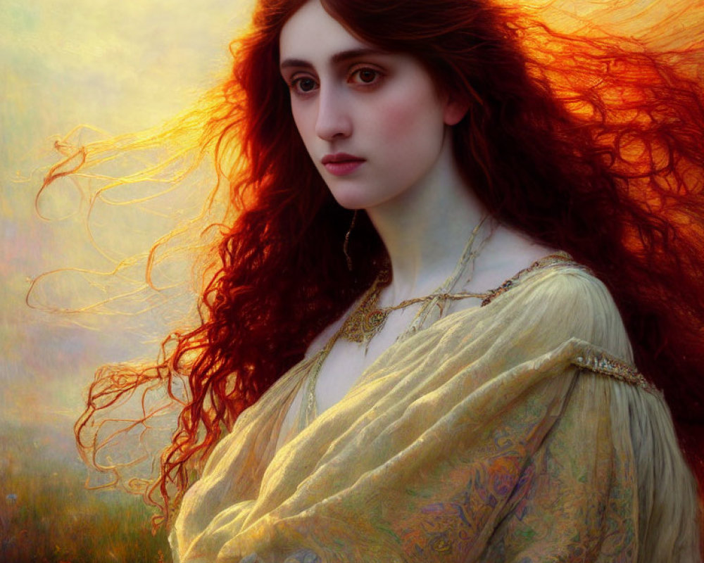 Red-haired woman in golden gown against warm backdrop