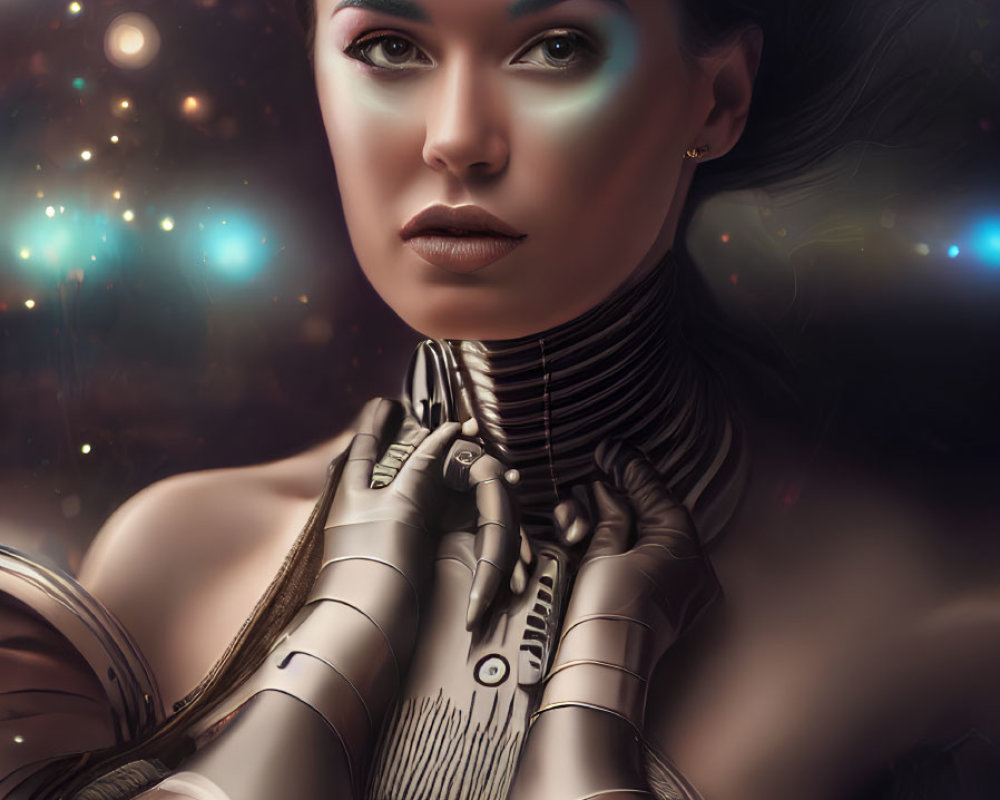 Digital artwork: Woman with cybernetic body in cosmic setting