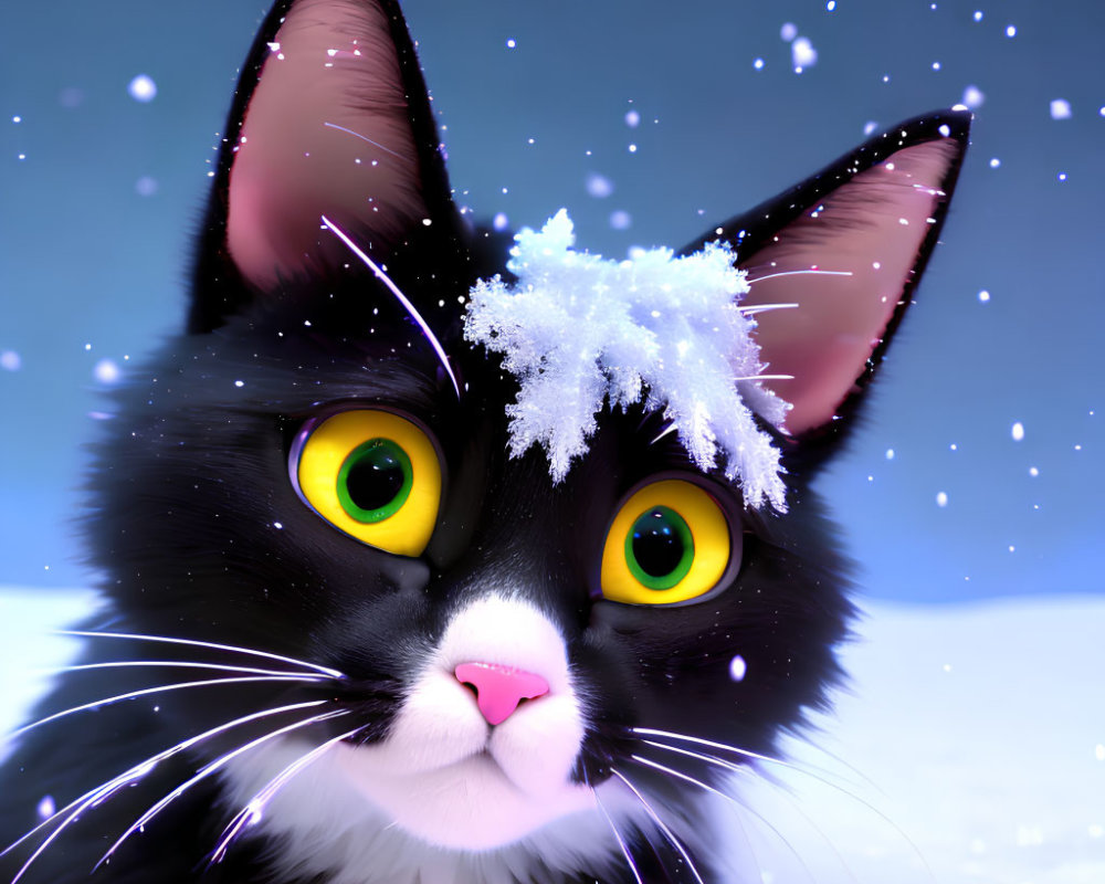 Black and white cat with yellow eyes in snowfall scenery