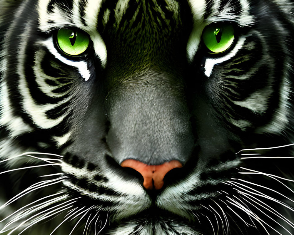 Detailed Close-up of Tiger's Striped Face and Green Eyes