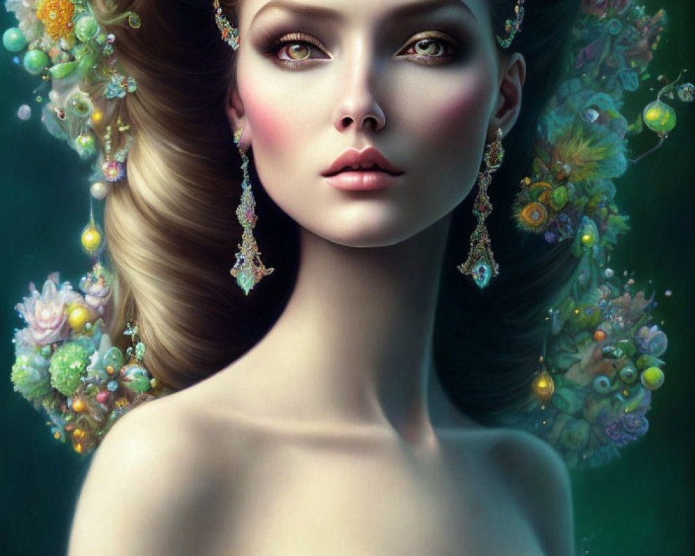 Digital art portrait of woman with floral hairstyle & nature-inspired accessories.