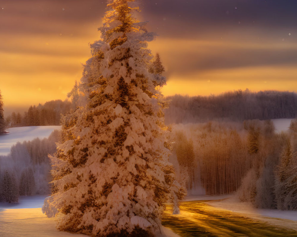 Snow-covered tree under star, twilight sky, full moon, snowy forest landscape