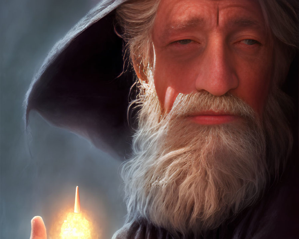 Elderly wizard holding glowing orb in mystical setting