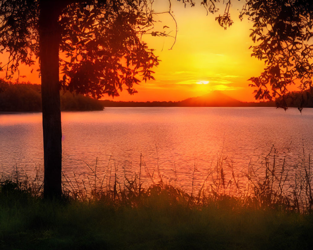 Tranquil sunset over calm lake with silhouetted trees and hills