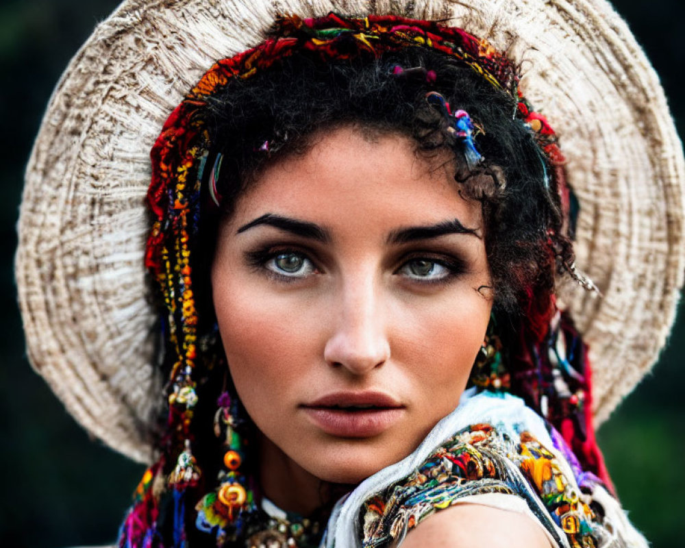 Woman with Green Eyes Wearing Headscarf, Straw Hat, and Bohemian Jewelry