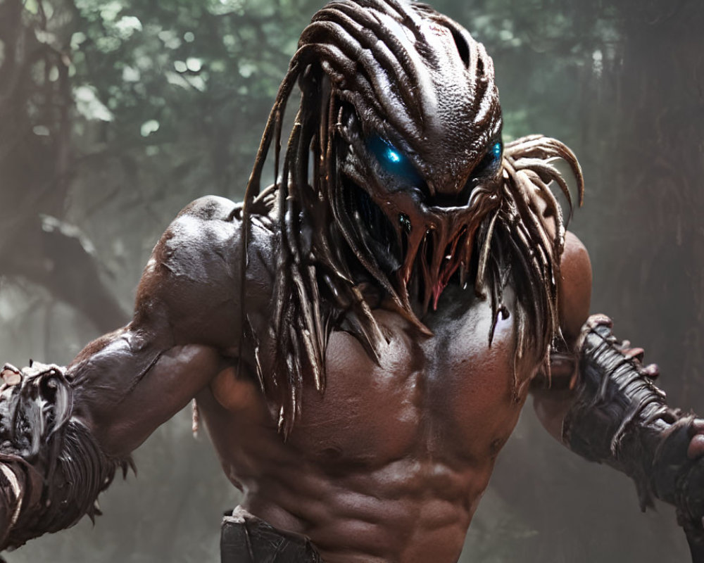 Muscular alien in armor with dreadlocks and sharp claws in misty forest