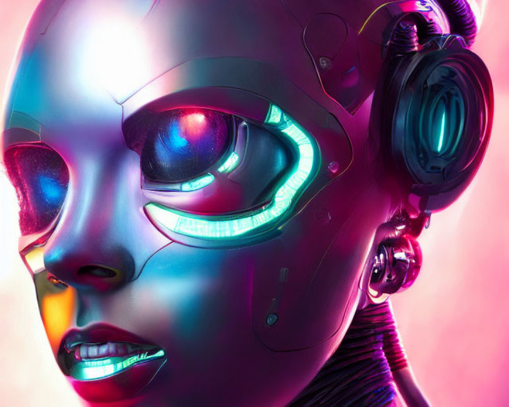 Detailed portrait of female humanoid robot with glowing blue eyes on vibrant pink backdrop