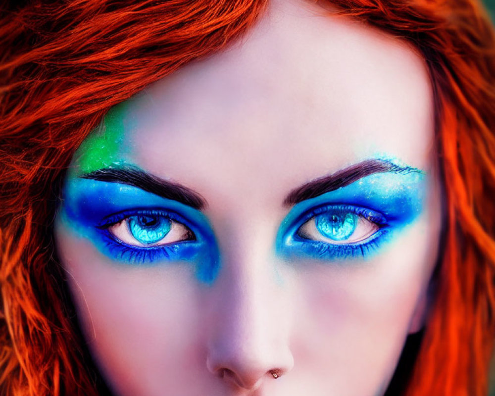 Vibrant red hair and striking blue eye makeup with a touch of green