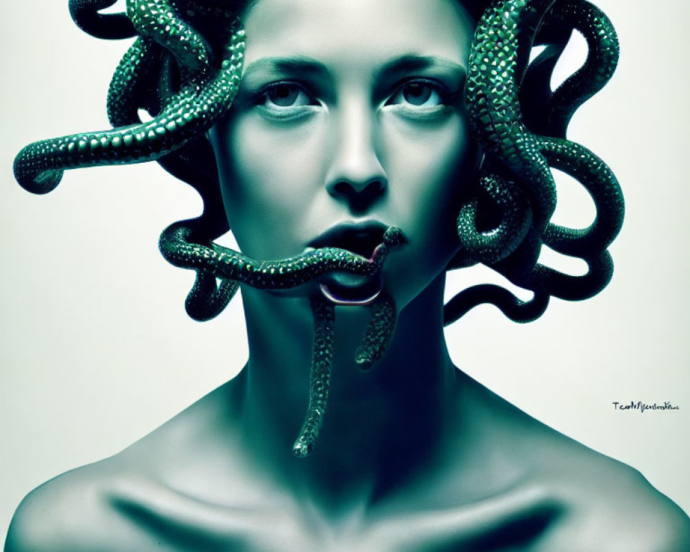 Medusa-like Woman with Serpentine Hair and Snake in Mouth against Teal Background