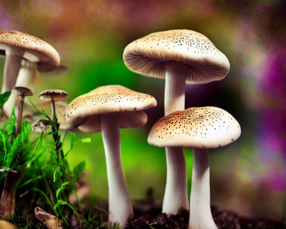 White Mushrooms with Speckled Caps in Garden Background