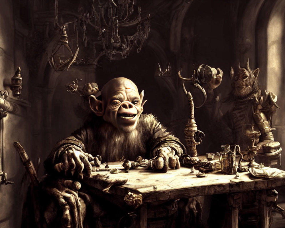 Detailed fantasy scene: Orc-like creature grinning at a cluttered table in dimly lit room with