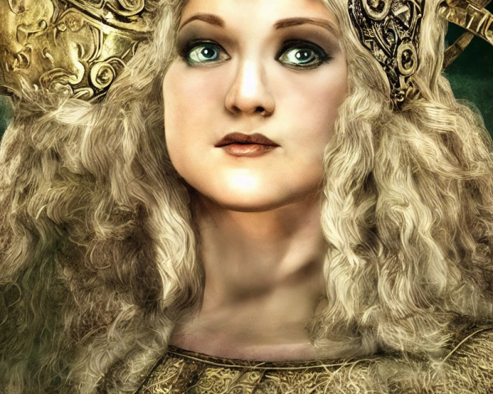 Regal woman with blonde hair and golden crown exudes confidence