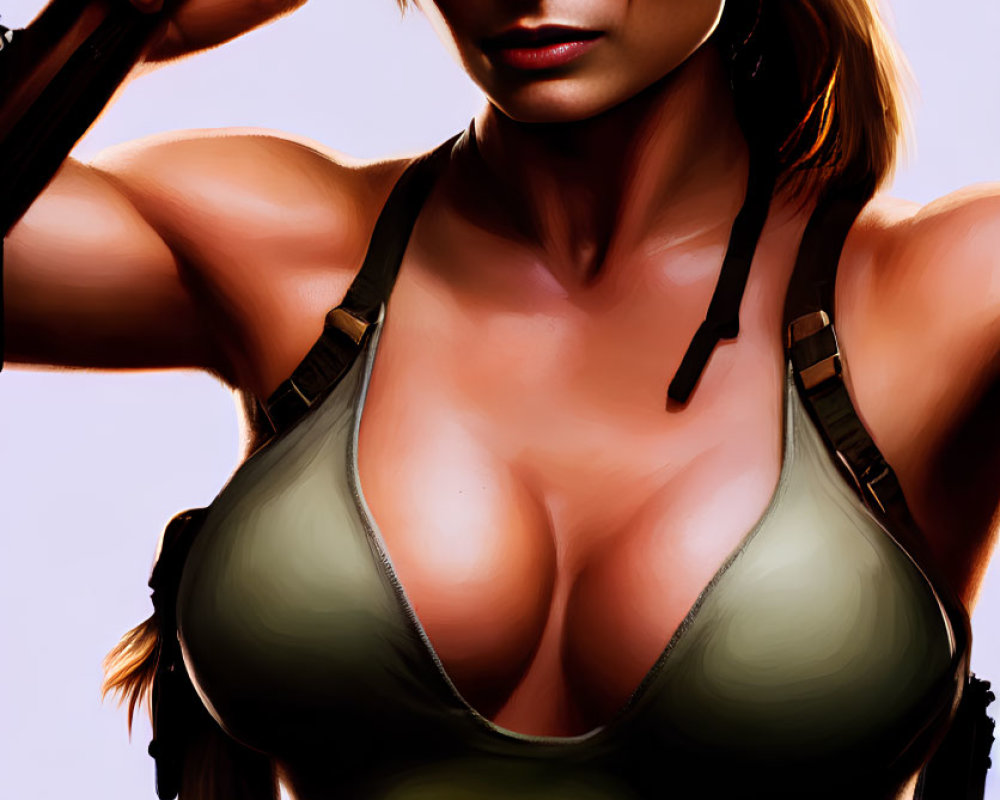 Digital artwork of female character with gun, tank top, headphones, brown hair.