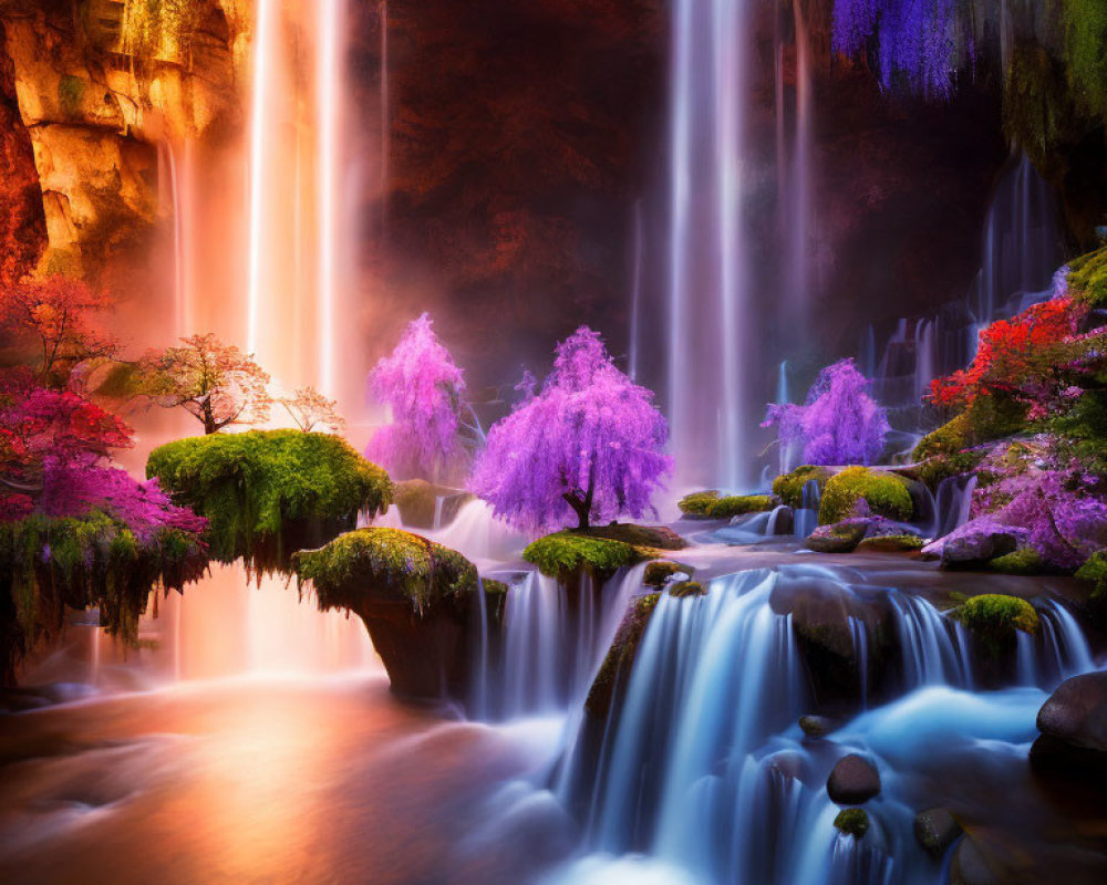 Majestic purple waterfall with mossy rocks and sunbeams