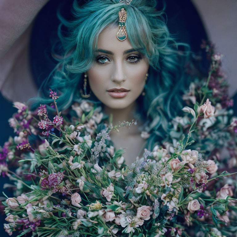 Teal-Haired Woman with Ornate Headpiece Surrounded by Multicolored Flowers