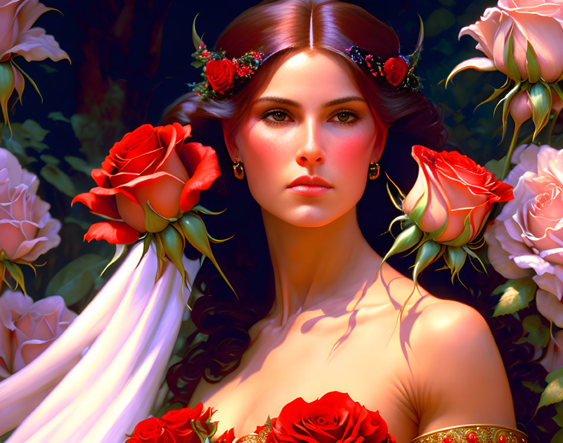 Woman with Floral Headpiece Surrounded by Red Roses and Intense Gaze