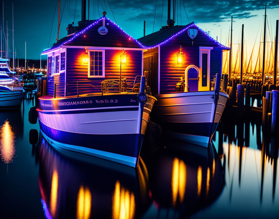 Twilight scene: Brightly-lit houseboats in calm marina