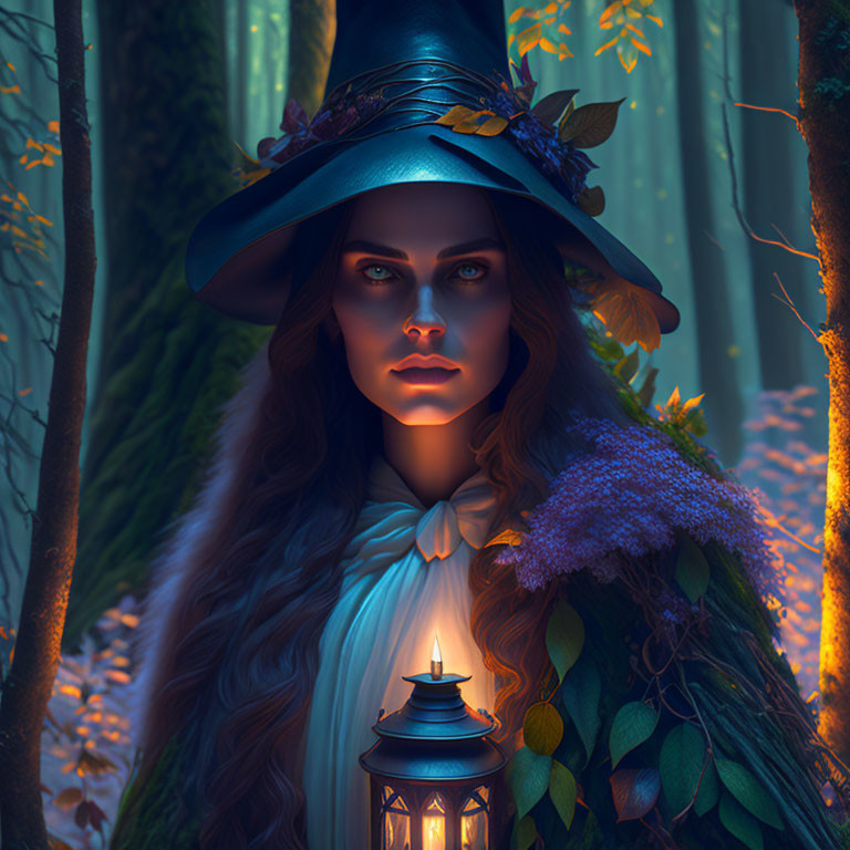 Mystical woman with lantern in blue forest setting