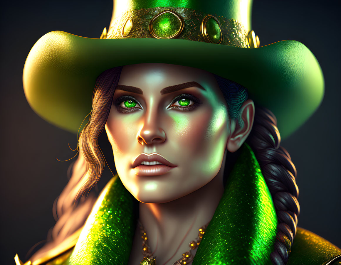 Portrait of Woman with Green Eyes in Green Hat and Clothes, Golden Jewelry