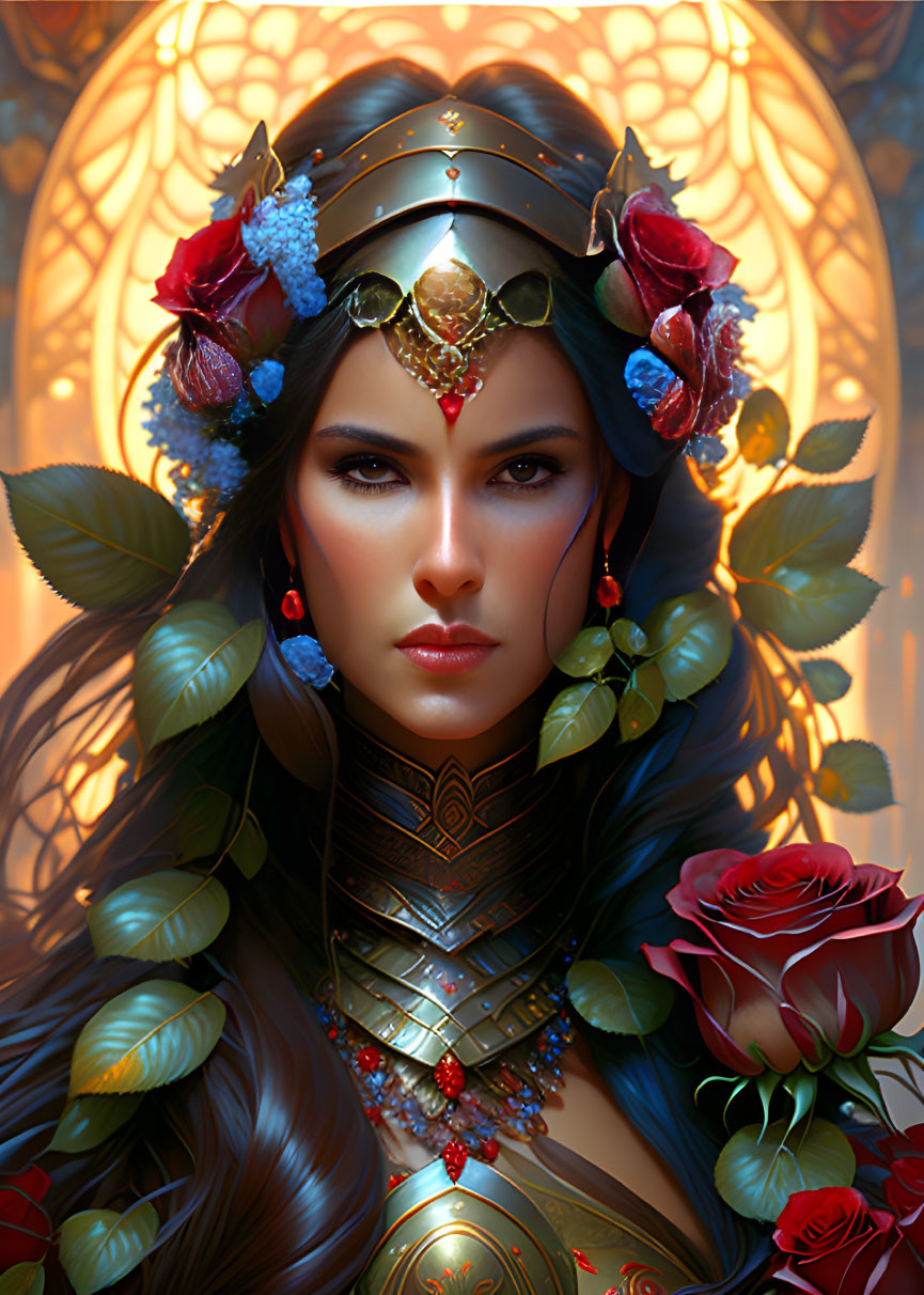 Regal woman with golden crown and intricate jewelry surrounded by vibrant flowers