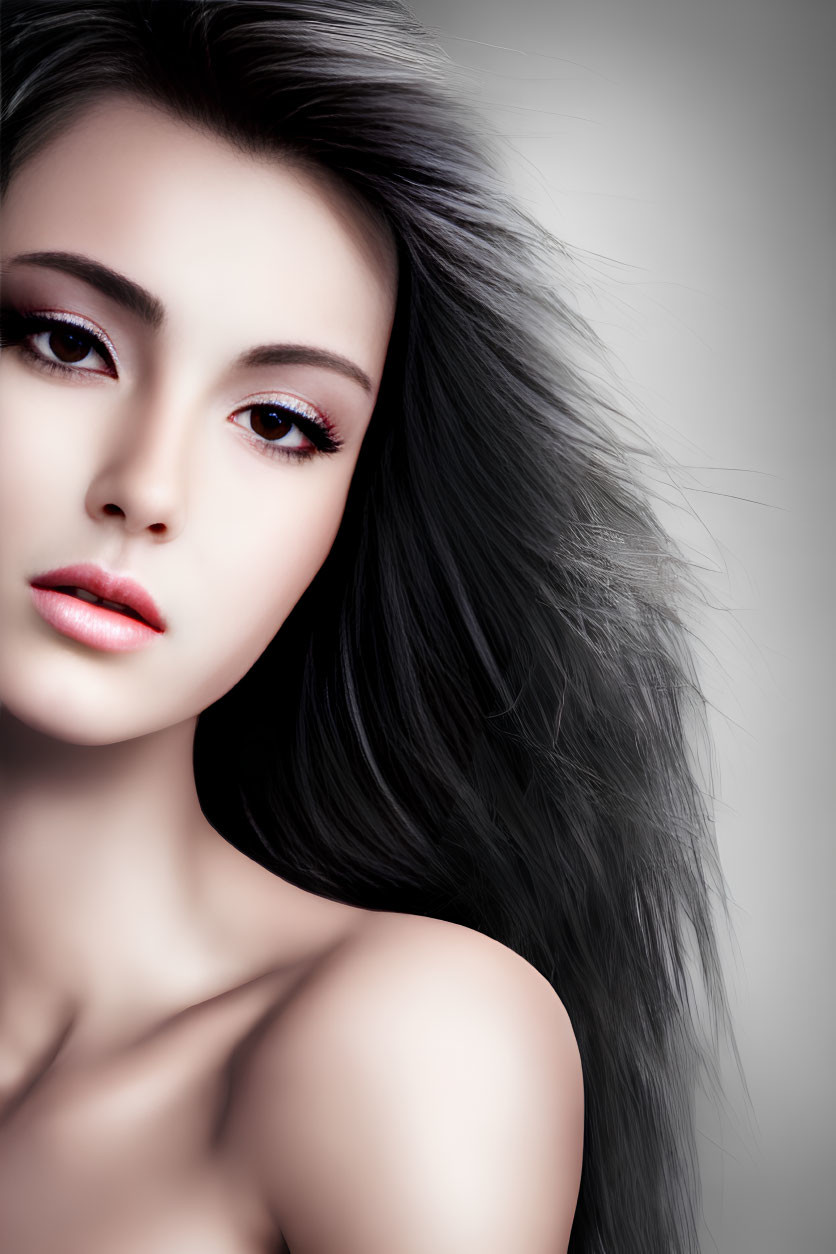 Dramatic makeup portrait of woman with flowing dark hair