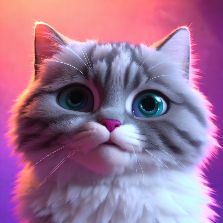 Fluffy cat with green eyes on vibrant gradient background