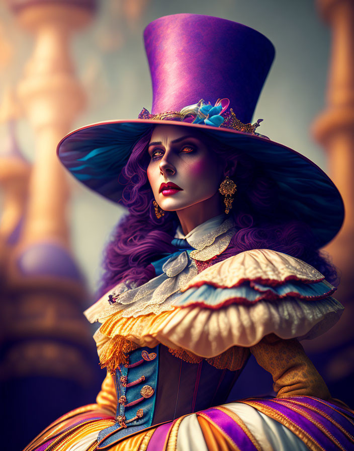 Colorful Woman in Vibrant Costume with Large Purple Top Hat