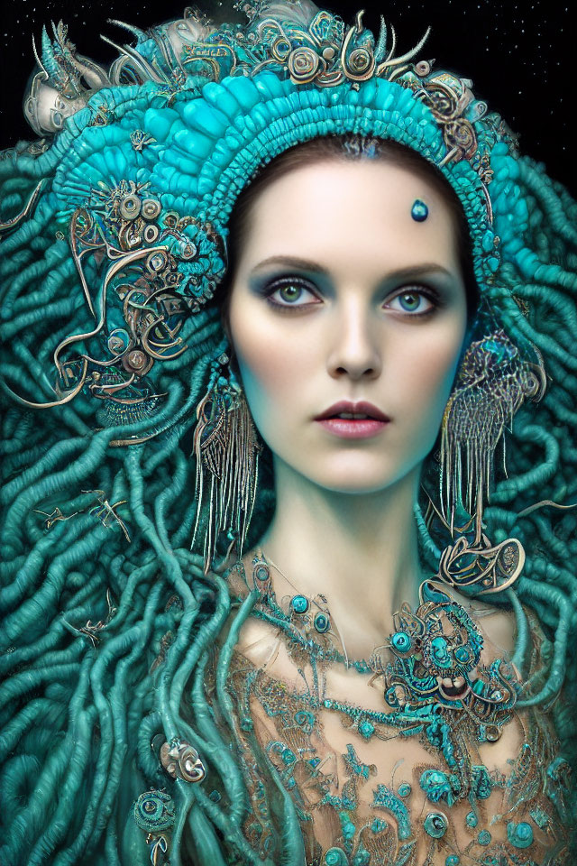 Woman in teal jewelry and headdress with matching makeup and turquoise shawl on starry backdrop