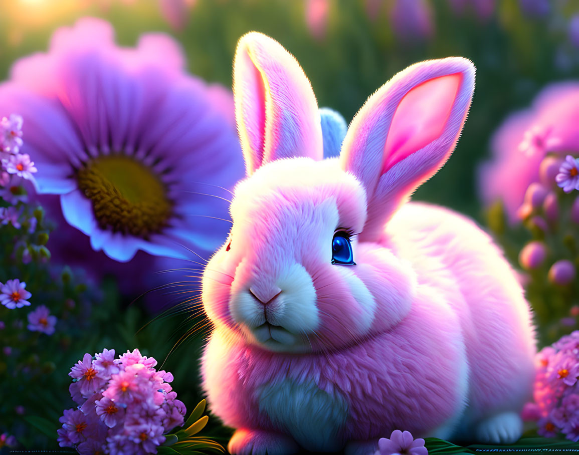 Fluffy Pink Rabbit Among Vibrant Flowers on Sunset Background