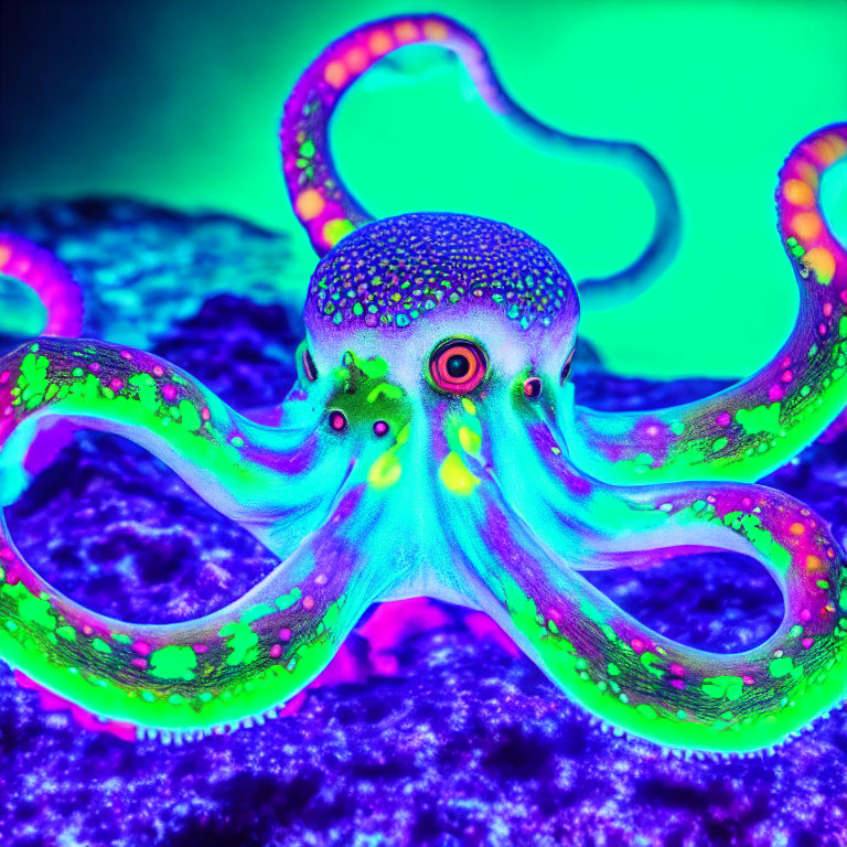 Vibrant neon octopus on textured purple surface