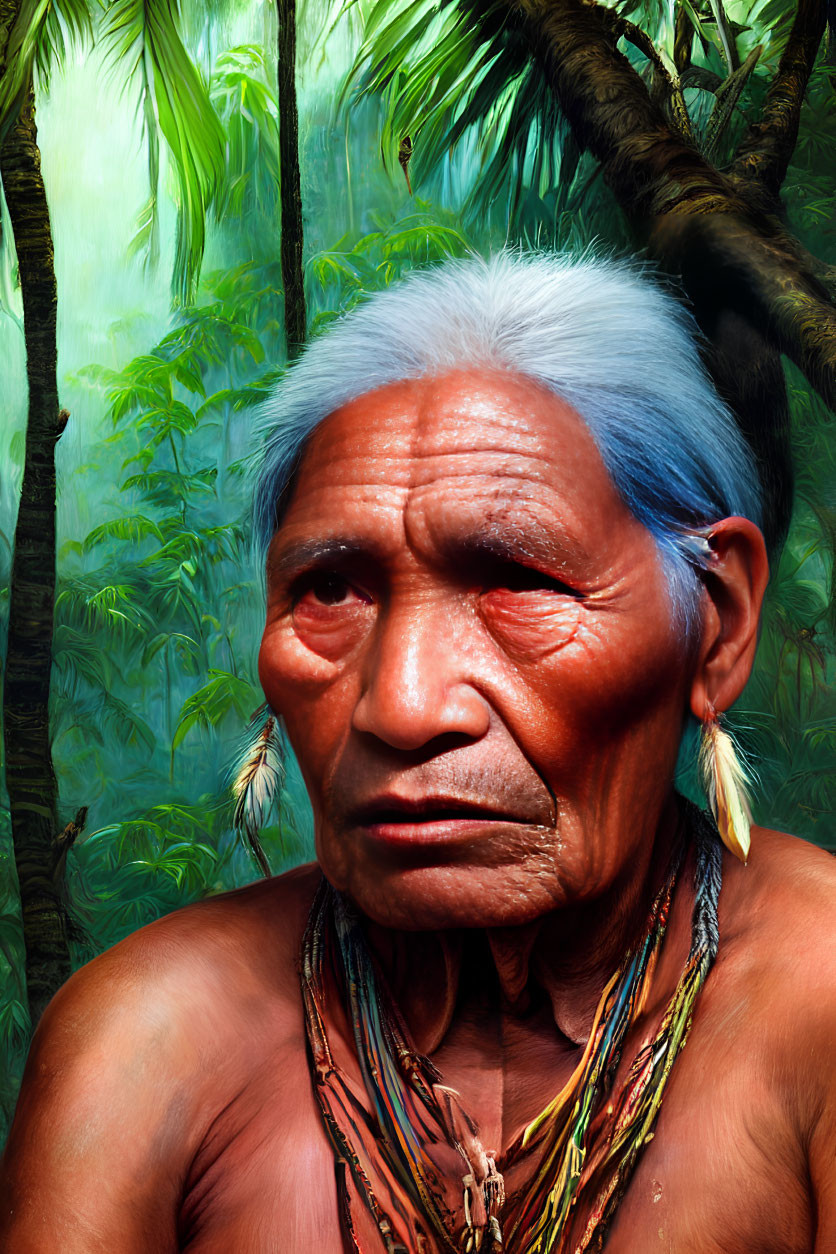 Elderly person with blue-dyed hair in tribal attire in lush jungle