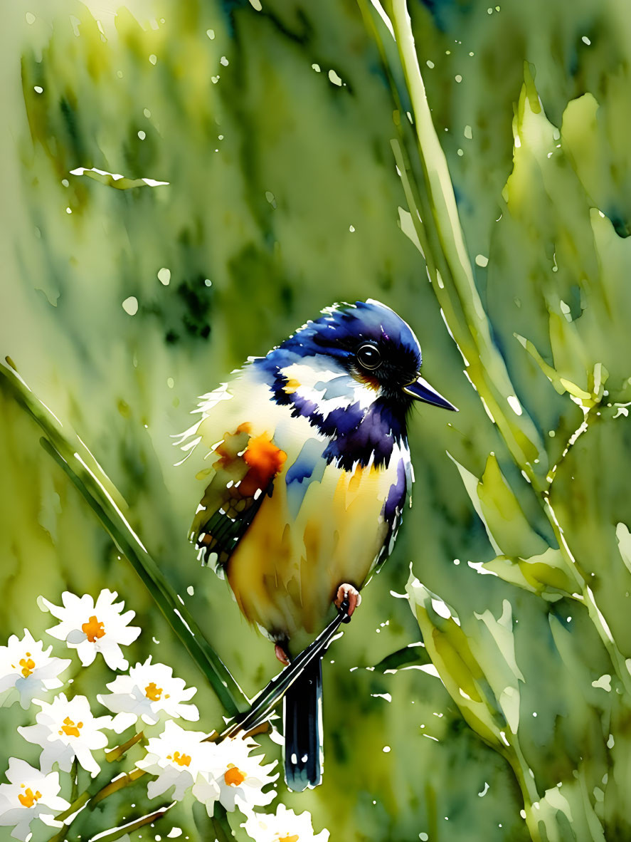 Colorful Bird with Blue, Yellow, and White Plumage Perched on Branch